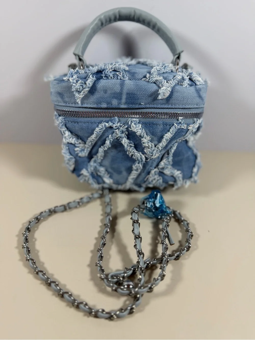 Source Unknown Distressed Denim Fringe Crossbody Bag - Blue